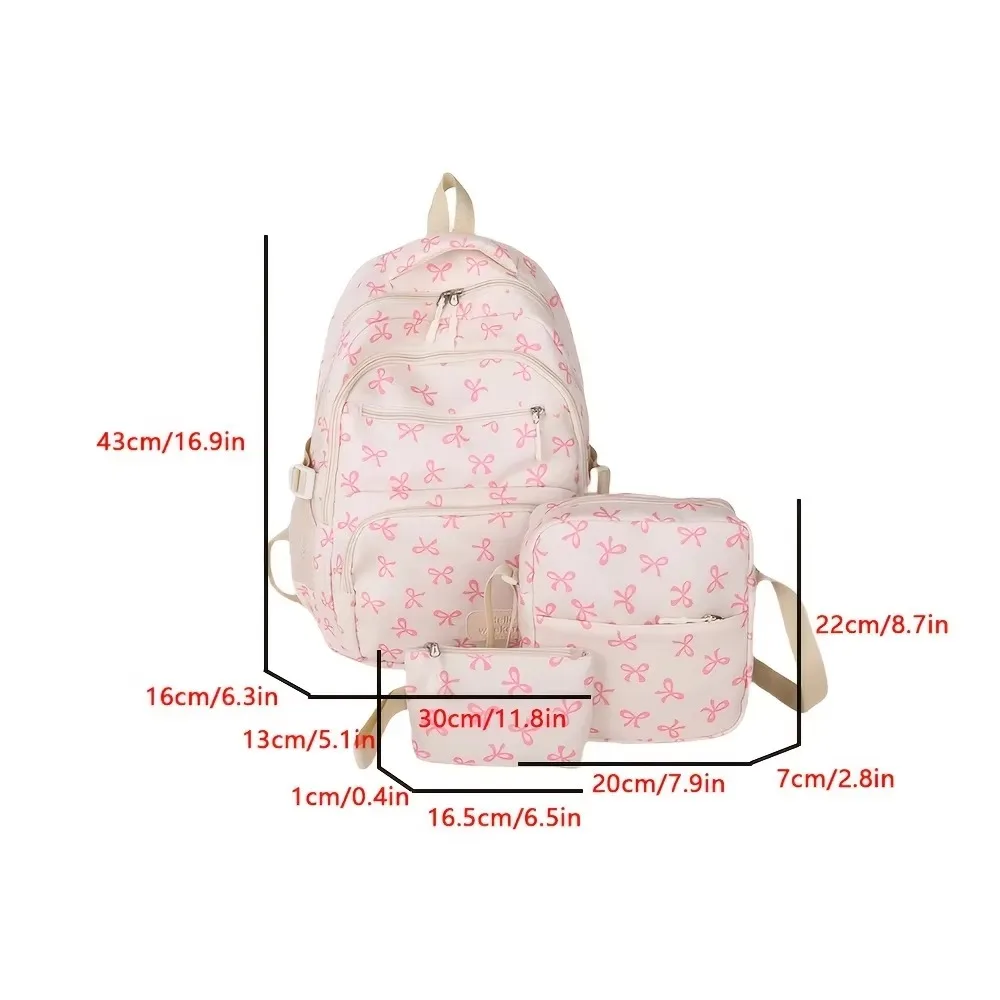 3 Pcs/Set Cute Large Capacity Bow Backpack Nylon Adjustable Strap Student Backpack Bow Print School Bag