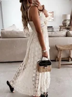 2024 Summer Lace Sleeveless Women Dress V Neck Hollow Out Elegant Loose Dresses Fashion Sexy Beach Vacation Long Dress - Image 3