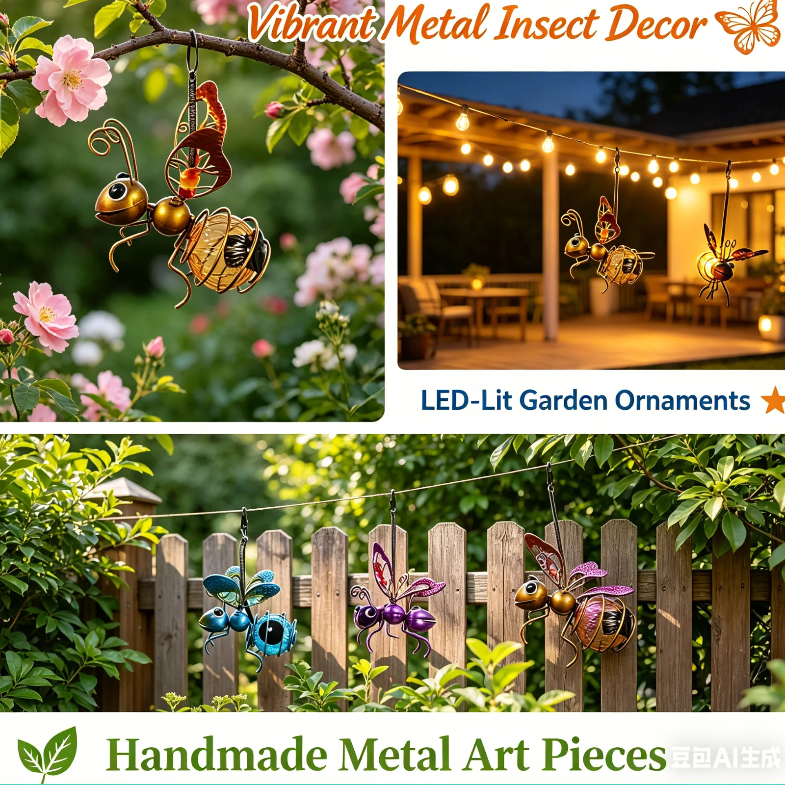 Metal Solar Bees Lantern Garden Decor LED Hanging Dragonfly Bees Solar Light Garden Sculptures For Patio Yard Outdoor Decoration 2