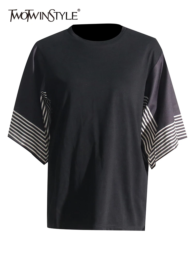 

TWOTWINSTYLE Hit Color Loose Streetwear T Shirts For Woemn Round Neck Short Sleeve Temperament T Shirt Female Fashion Clothes