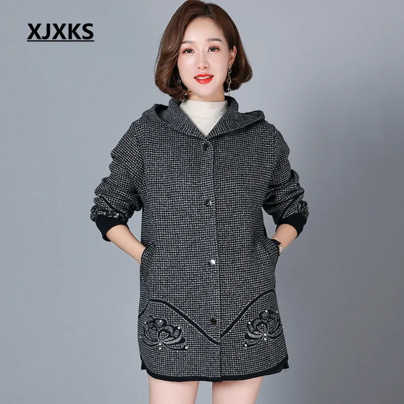 

XJXKS 2022 Autumn Winter Latest Fashion Hooded Women's Jacket Loose Large Size Dark Button Woolen Coat Female Chaquetas