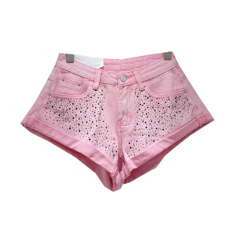 Fashion Retro Rhinestone Denim Shorts Women 2024 Summer New A- Line Wide Leg Short Pants Ultra Short Booty Shorts for Hot Girls