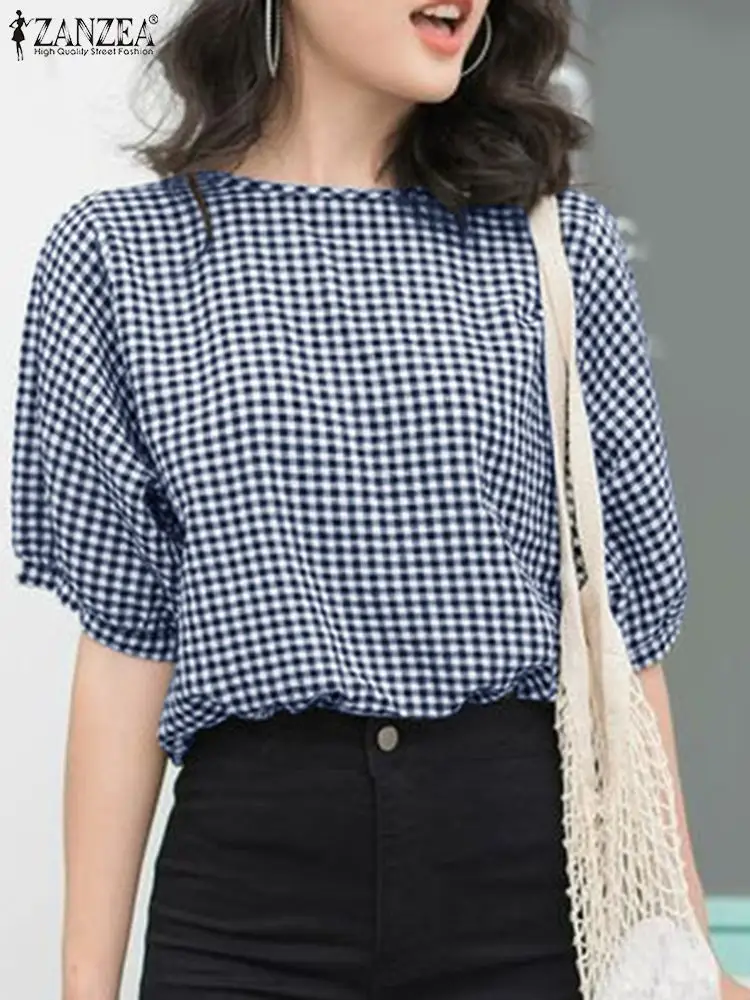 

2024 ZANZEA модная летняя рубашка с коротким рукавом женская клетчатая блузка с круглым вырезом Элегантные рабочие блузы повседневные праздничные Топы для женщин