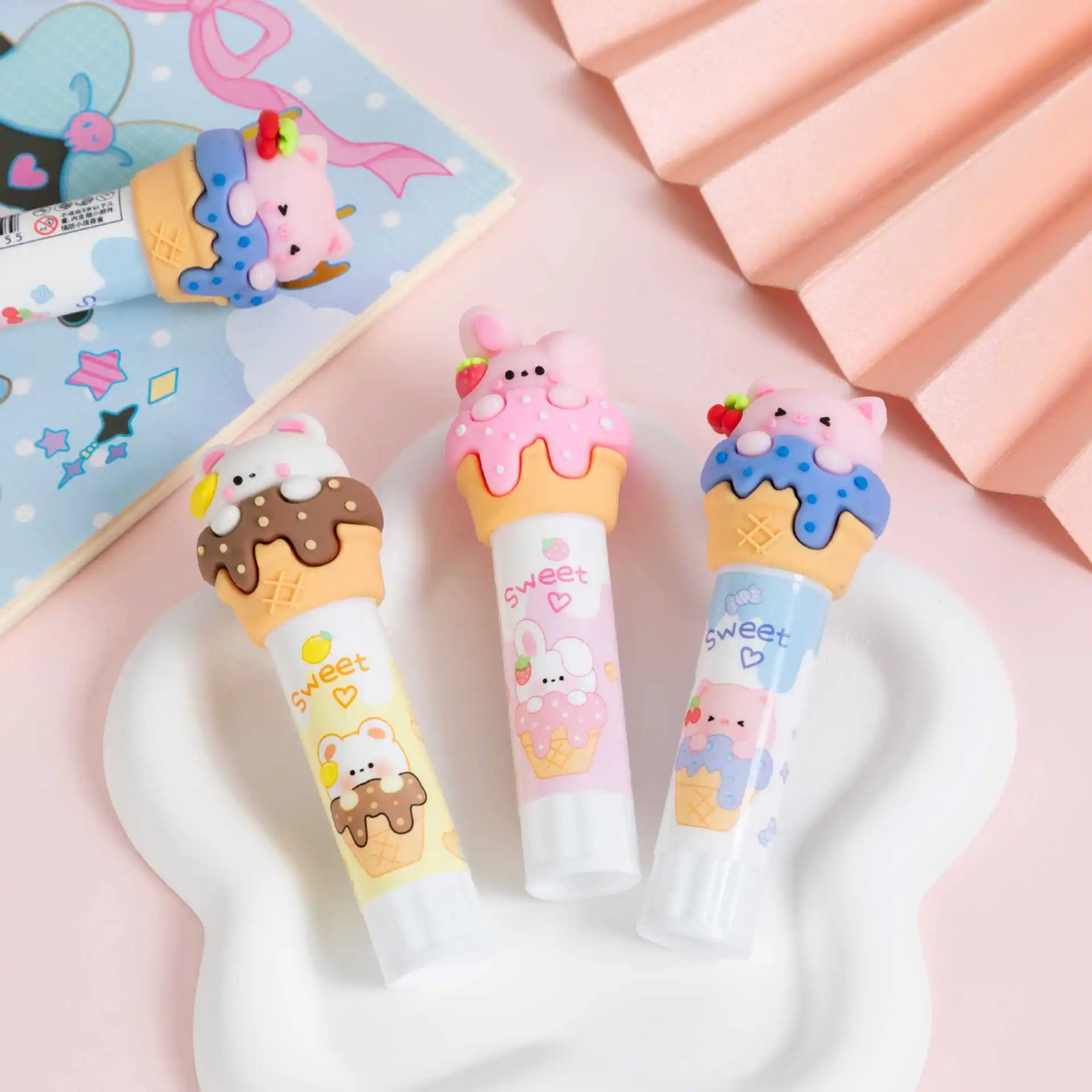 Creative Ice Cream Shape Solid Glue Stick Strong Adhesives Glue Stick for Student Stationery Solid Glue High Viscosity Supplies 3
