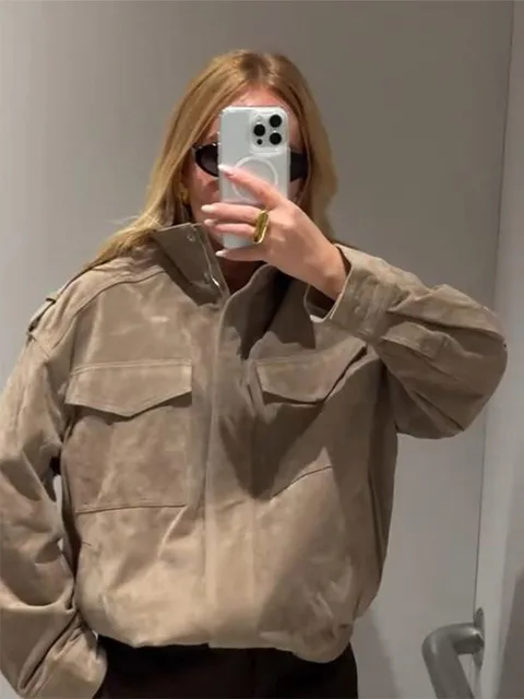 Elegant Solid Suede Coats Women Turn-down Collar Full Sleeve Zipper Pocket Jackets 2025 Autumn Female Fashion Outerwear 2