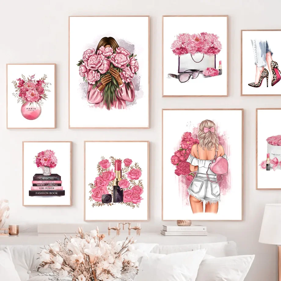 

Pink Flower Fashion Girl Lipstick Perfume Wine Wall Art Canvas Painting Nordic Posters And Prints Wall Pictures For Living Room