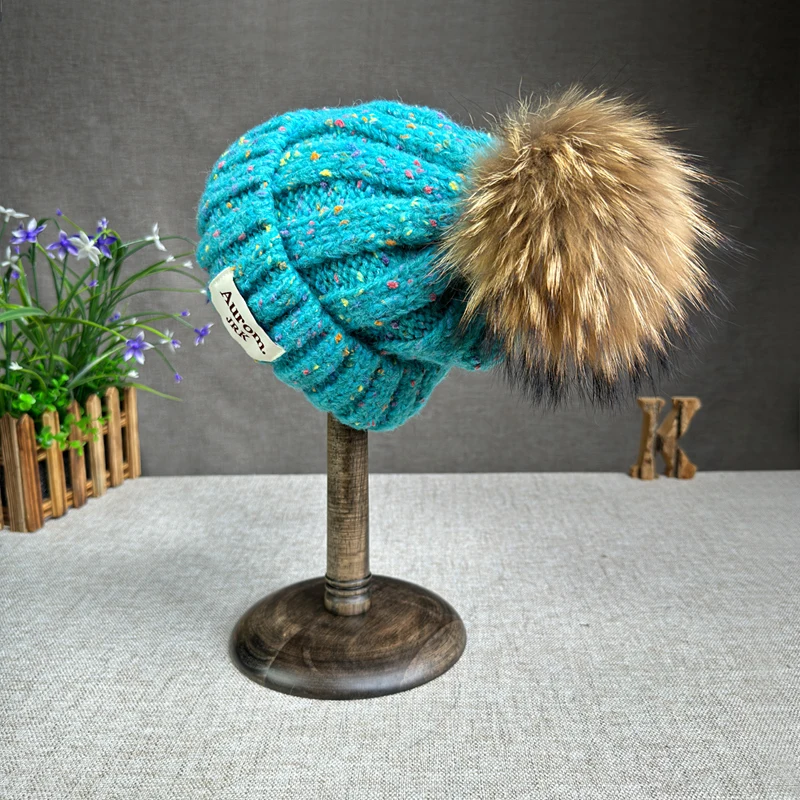 2024 New Fashion Natural fur pompom hat for women High quality mix-Color Travel Beanies Winter Hats for women Warm Female beanie 2