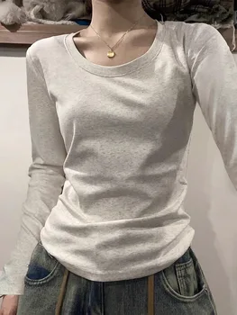 U Neck Long Sleeve T-Shirt Women Autumn Winter New Cotton Slim Casual Top Basic Solid Bottom Shirts Korean 1