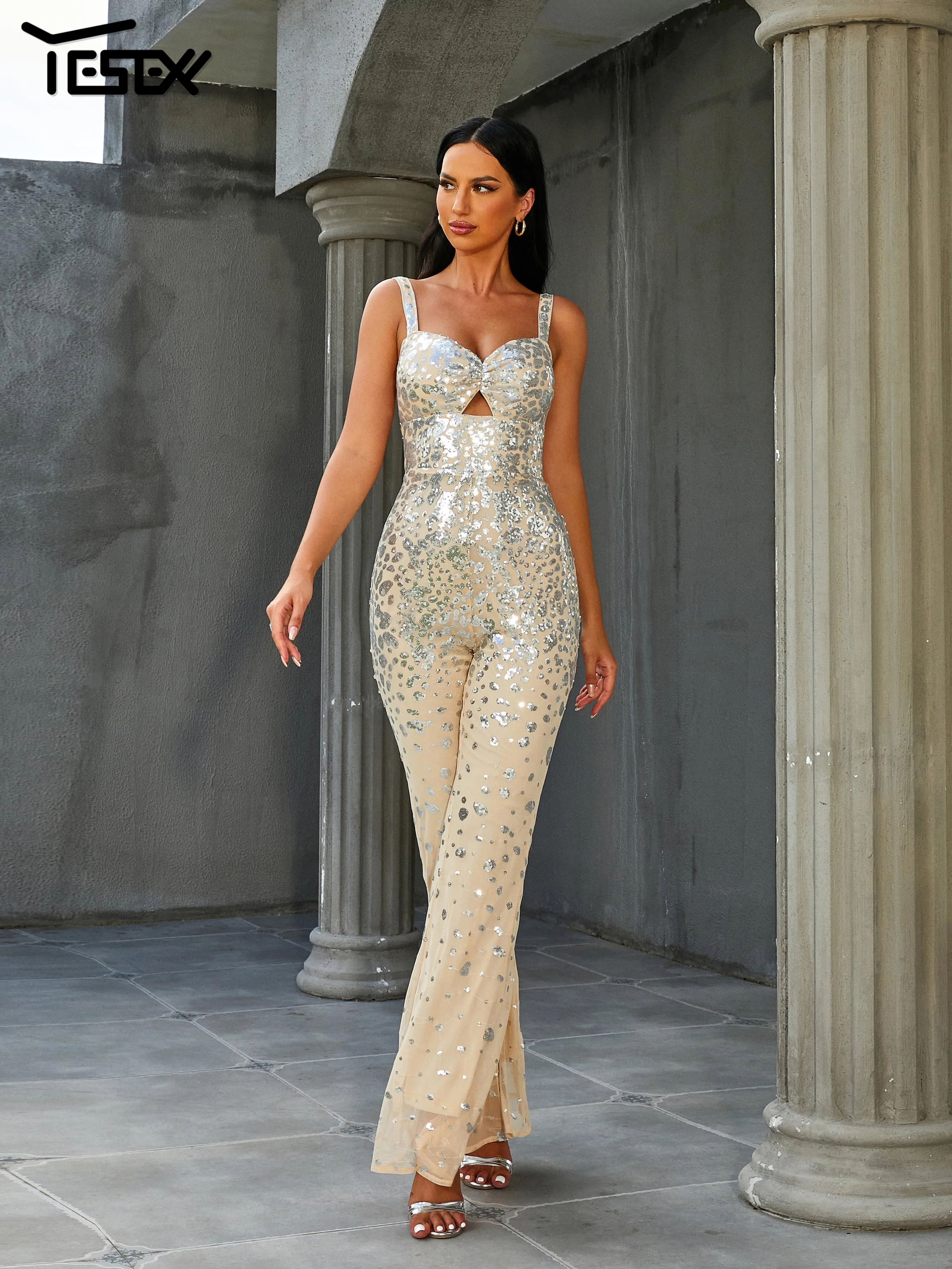 Yesexy Chic Elegant Woman Spaghetti Cutout Apricot Sequin Slim Jumpsuit
