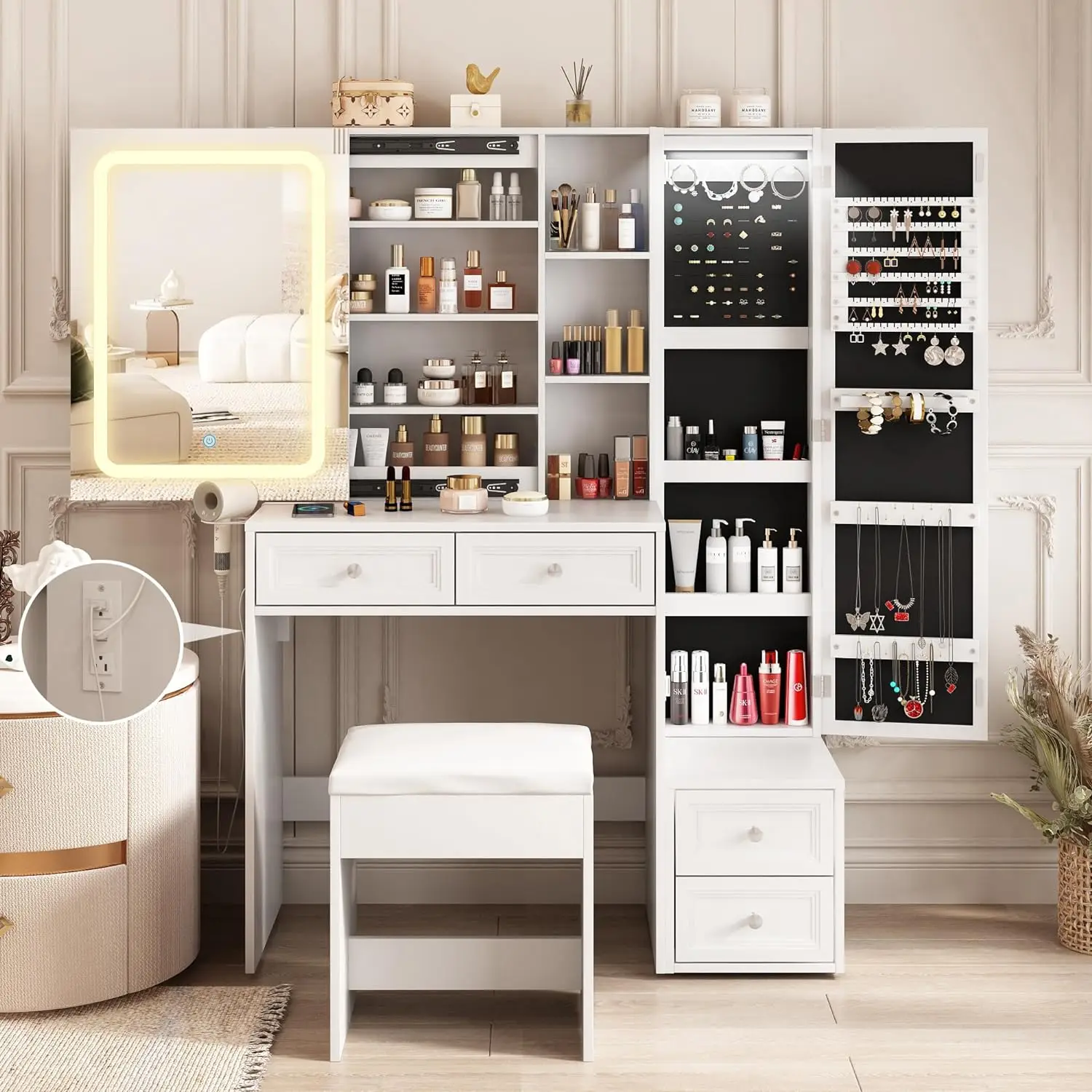 

Makeup Vanity Desk with LED Lighted Sliding Mirror, Vanity Table with Jewelry Cabinet and 4 Drawers,