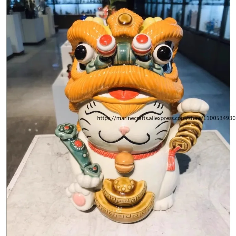 Shiwan Ceramics Lucky Cat Dance Lion Travel Hand Letter Gift Checkout Page Piggy Bank Cat Feng Shui Creative Ornament 2