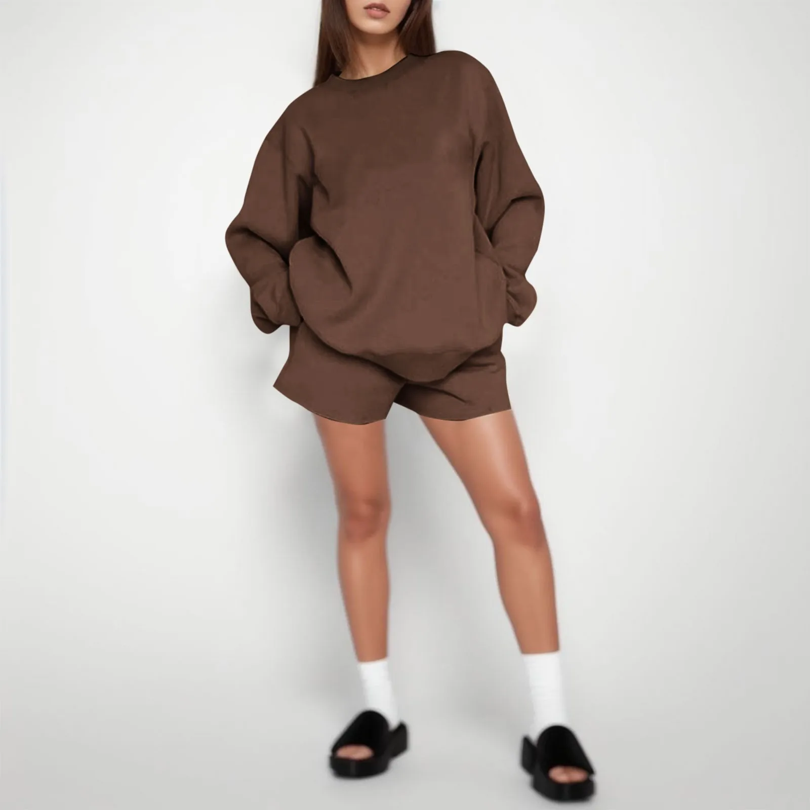 

2023 Spring and Autumn Two-Piece Female Solid Color Thickened Loose Wild Casual Sweatshirt Shorts Suit Women Streetwear