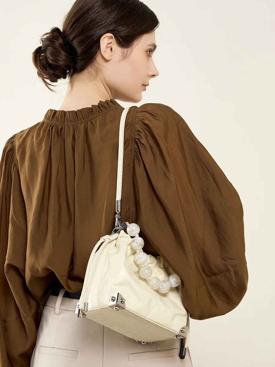High-end Beaded Bag Genuine Leather Bag Hand Grasping Designer Folded Blessing Handheld Shoulder Diagonal Straddle Women's Bag