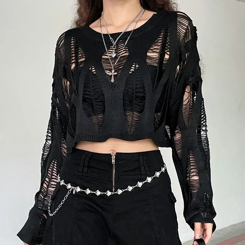 

Женский трикотажный топ с вырезами, черный однотонный Свободный пуловер с длинным рукавом и круглым вырезом, сексуальная модная одежда Y2K на лето
