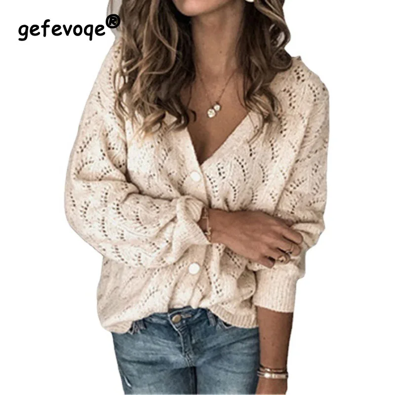 

2023 Autumn New Women's Fashion Hook Flower Hollow Sexy V-neck Long Sleeve Single Breasted Cashmere Knitted Cardigan Top