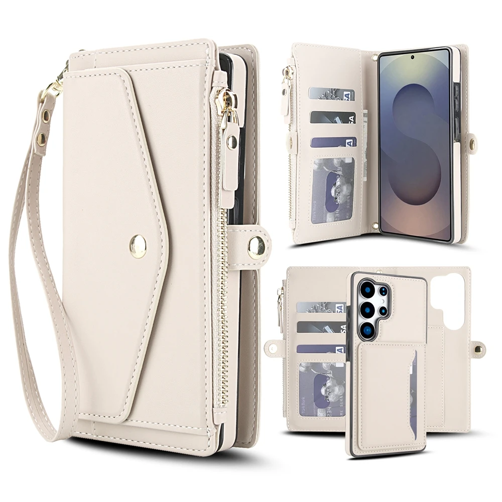 Premium 2-in-1 Lanyard Zipper Leather Wallet Phone Case and Purse Cover