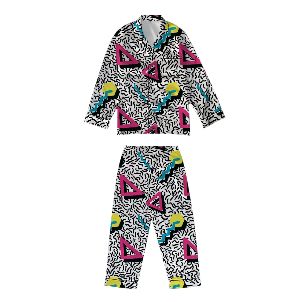 

Custom Women Kid Men Pajamas Set 90s Obsessed Full Print Satin Silk Top Pants Nightwear Sleepwear