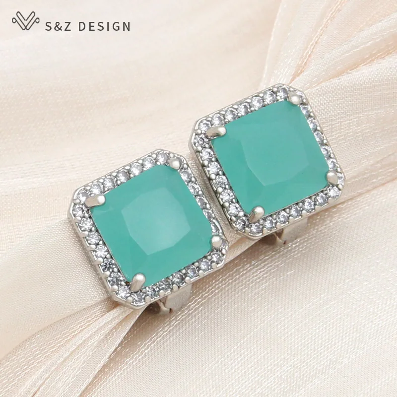 S&Z DESIGN New Fashion Square Pink Crystal Drop Earrings For Women Trendy Jewelry 585 Rose Gold Color Cubic Zirconia Eardrop