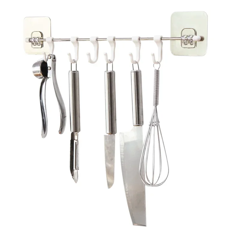 Stainless Steel Wall Hanging Rod 6 Hook Self-adhesive Wall Rack Bathroom Kitchen Rack Storage Free Punching Strong Suction wall mounted hook rack