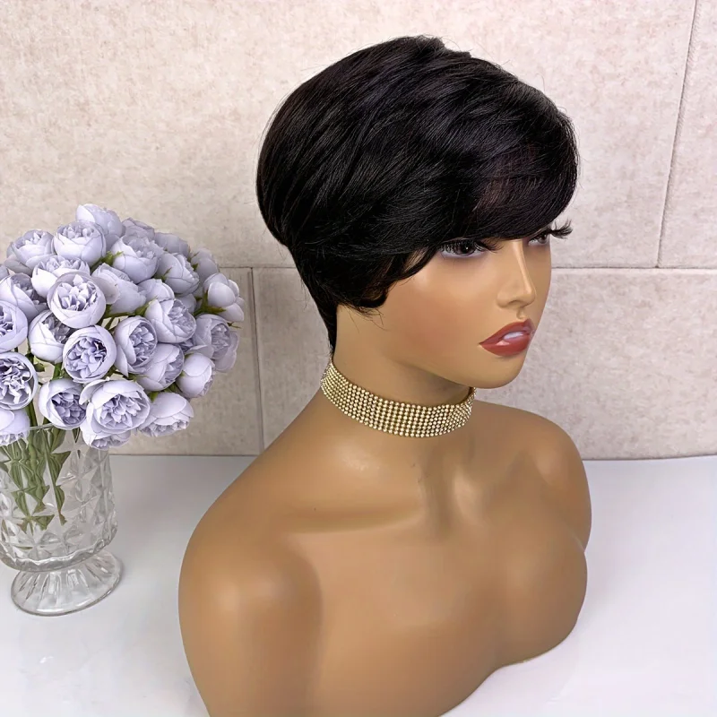Pixie Cut Wig With Bangs Short Straight Mixed Color Remy Brazilian Human Hair Full Machine Made wig human hair wigs