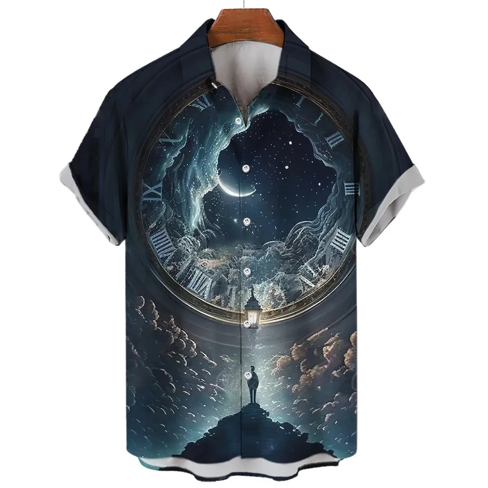 

Cosmic Clock Print Hawaiian Men's Shirt Casual Fashion Short Sleeve Shirt Button Lapel Streetwear Oversized Men's Top