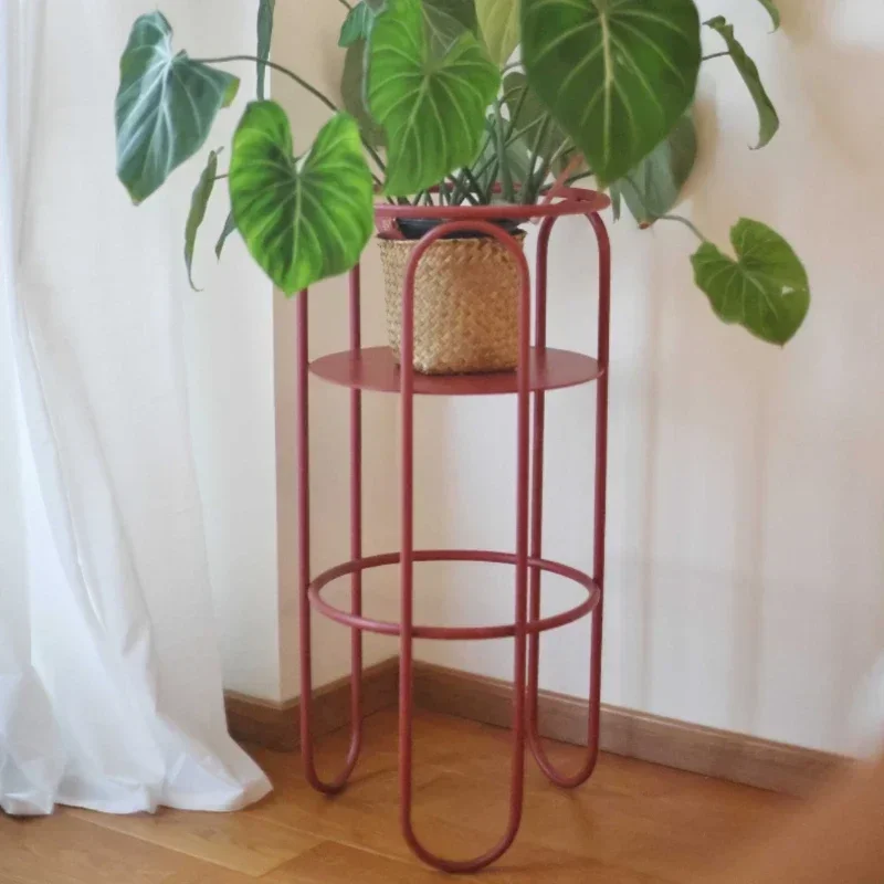 Vintage Red Plant Pot Stand, Indoor Minimalist Storage Shelf, Balcony Wrought Iron Flower Rack, Versatile Scene Decoration