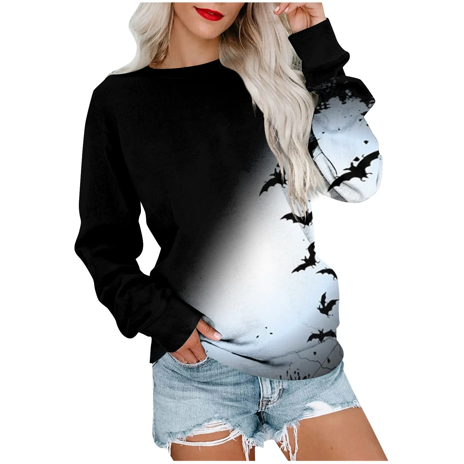 

Женская блузка с длинным рукавом, круглым вырезом и принтом