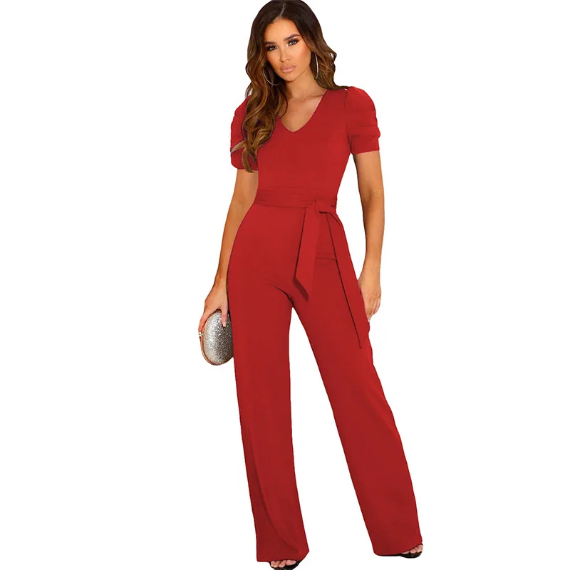Summer New Temperament Waist Rompers Women's Solid Color V-neck Short-sleeved Wide-leg Pants