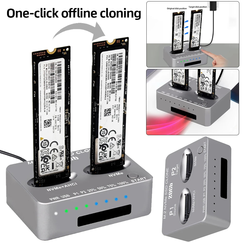 Dual-Bay M.2 Clone Docking Station Gen2X 20Gbps M.2 Ssd Enclosure Usb3.2 Tipo C Hard Disk Esterno Box Per M2 Ssd M Key Ssd