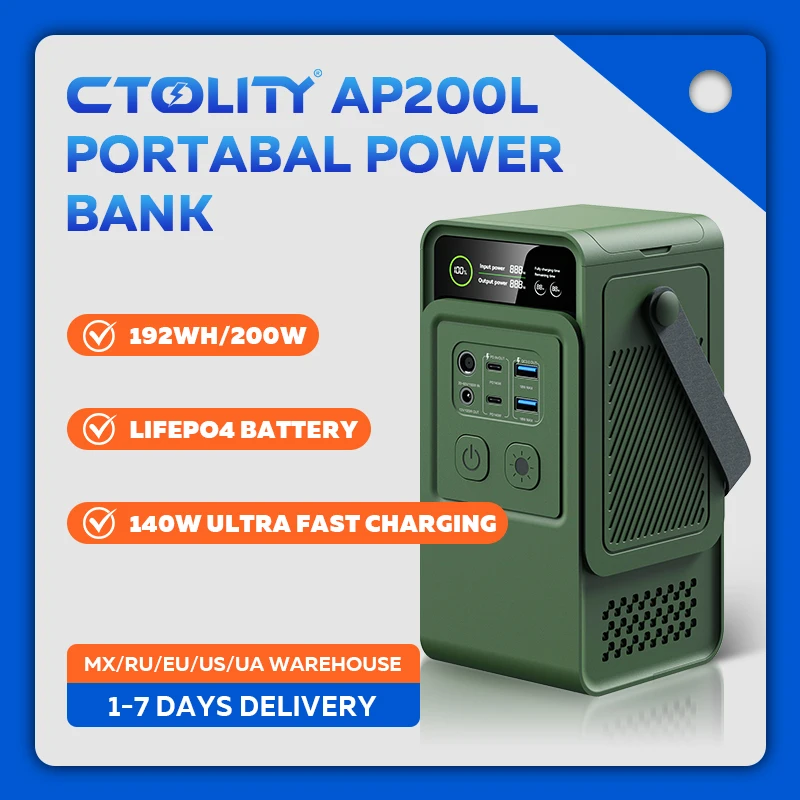 CTOLITY AP200 Portable Power Bank 192Wh 200W LiFePO4 Battery 3000+ Cycle PD3.1 140W Ultra Fast Charging  LED DC Solar 150W PC 2