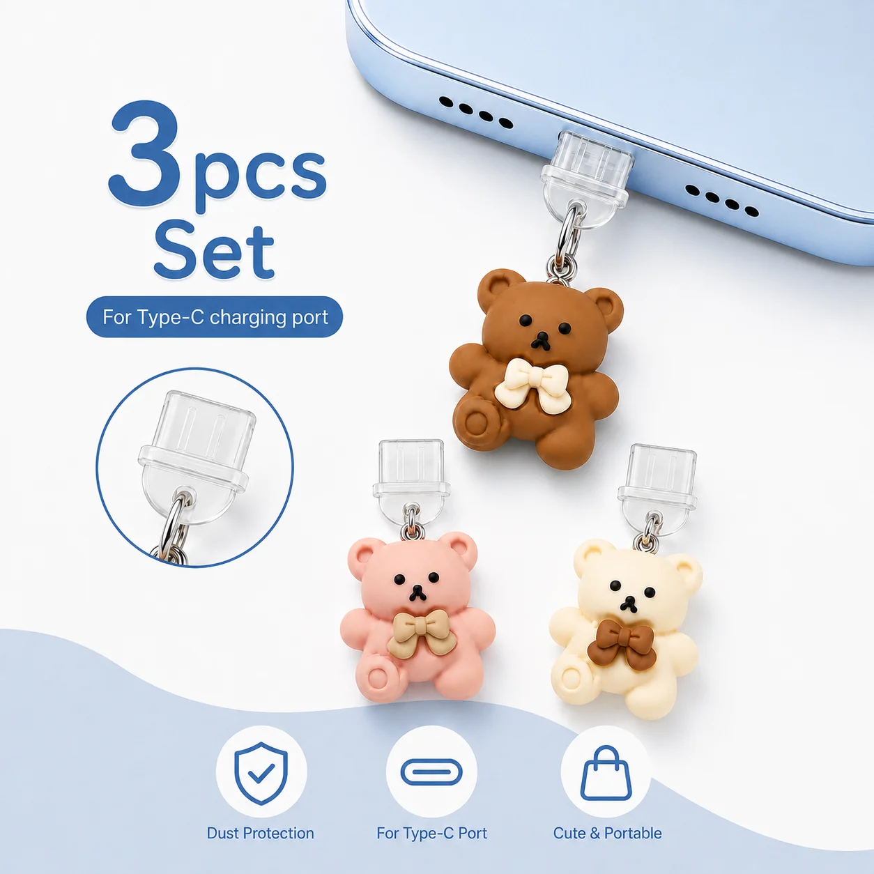 3Pcs 귀여운 3D 곰돌이 모양 휴대폰 먼지 방지 플러그, 브라운/핑크/크림, 아이폰 타입-C 안드로이드용, 먼지 방지 포트 참 장식 액세서리