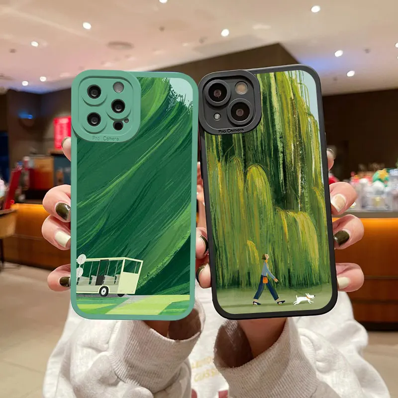 Charming Cartoon Green Lawn Soft Phone Case – Vintage Cute Suburban Relaxation Design