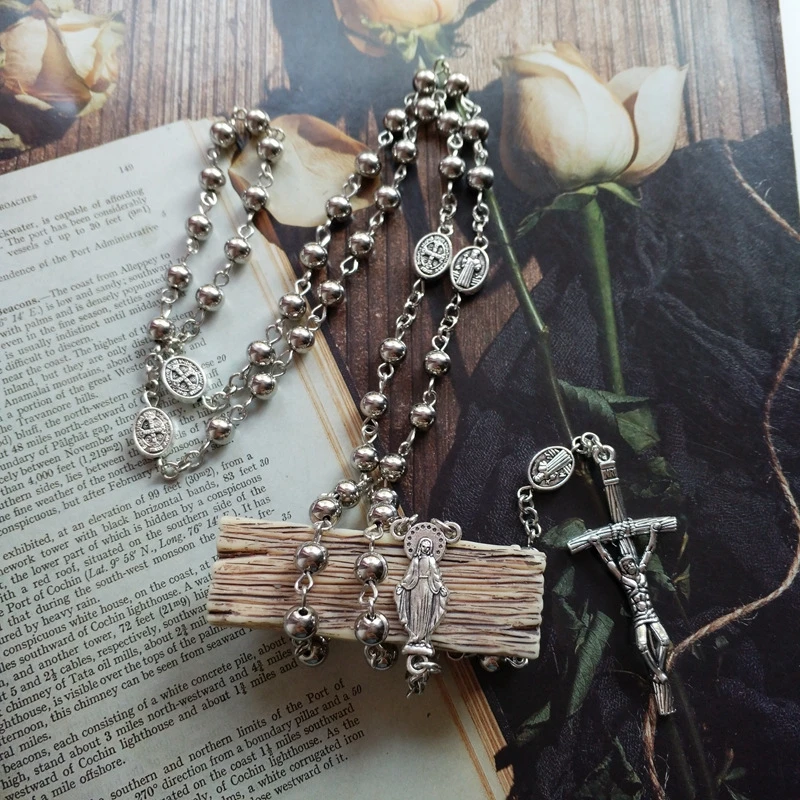 Rosario Cattolico In Perline Di Vetro Blu Da 6 Mm, Crocifisso In Argento, Lunghezza 72 Cm, Per Regali Di Cresima, Battesimo E Comunione