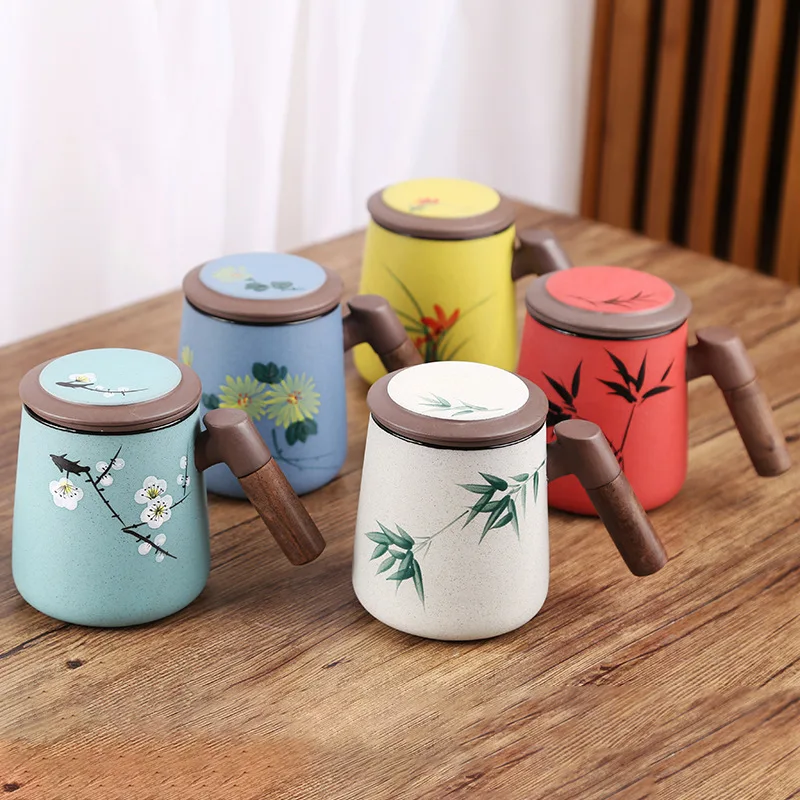 

Chinese Ceramic Mug Tea Cups Lid Inner Filter Water Cup Handpainted Office Cup Household Tea Pot 350ML