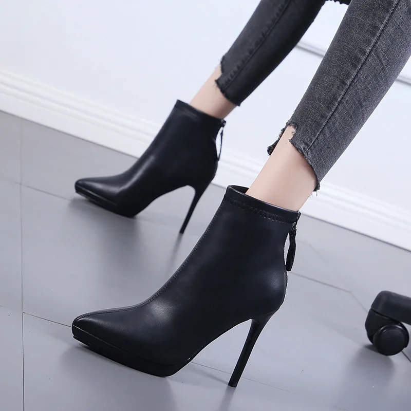

Fashion Solid Black Ankle Boots for Women High Quality PU Leather Pointed Toe Stiletto Heels Booties Female Party Zip Shoes