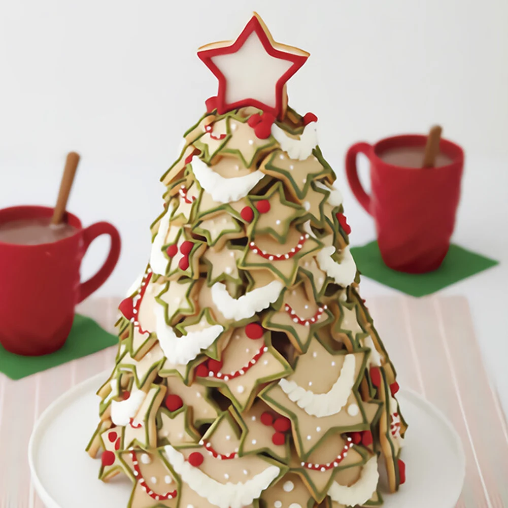 6pcs/Set Christmas Tree Cookie Cutter Cookie Cutter Baking Mold Cookie Mould Cookie Maker Press Kit Xmas Plastic DIY 3D New Year Biscuits Gingerbread Mould Maker Stamp Baking Tool
