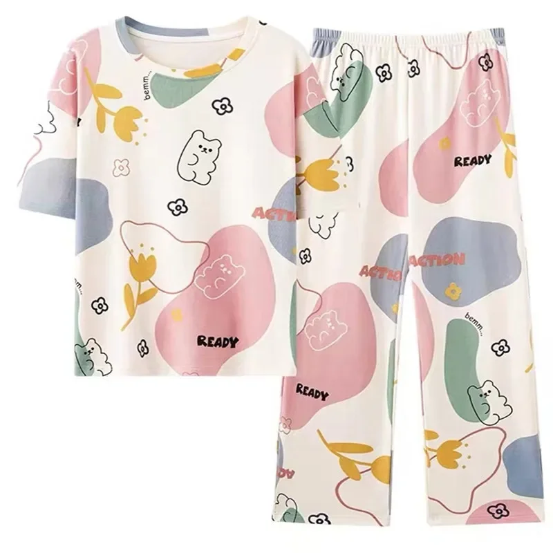 Women Summer Short Sleeve Printed Round Neck Pullover Pajama Set Plus Size Comfortable Home Clothing Sleeping women pajamas set women pajama suit cotton pajamas set