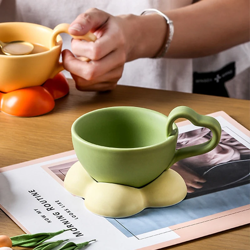 Creative Ceramic Cute Solid Color Cups, Household Office Items Porcelain, Breakfast Water Mugs, Coffee Cup and Plate Combination