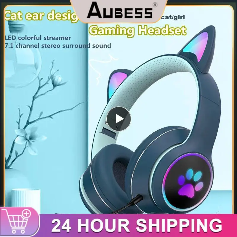 Cat Ear Gaming Headphone Led Light Girl Gamer Cuffie Cablate Gioco Stereo Cat Auricolare Pc Auricolare Con Microfono Per Tablet Ps5 Fifa