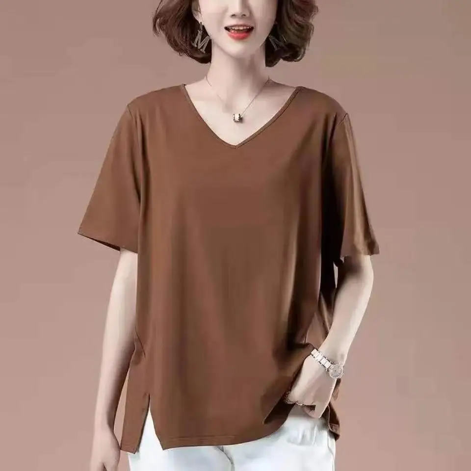 

T Shirt Women New 2024 Summer Solid Color Crop Top Tshirt Women's Solid Color T-Shirt Femme V-neck Tee Shirt Femme Tops S191