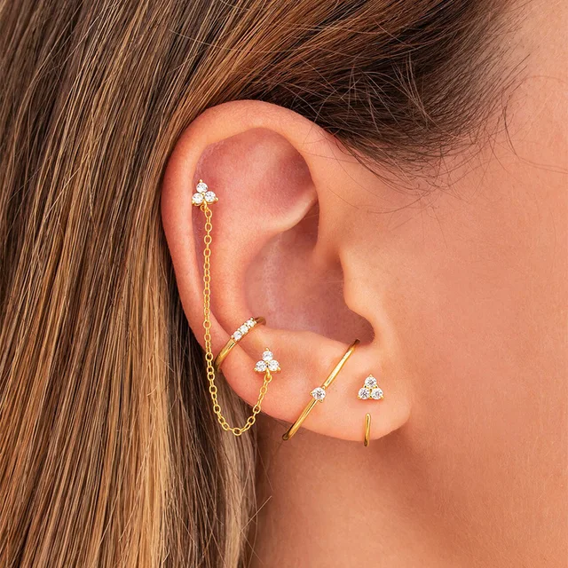 Boucles d'oreilles tendance en acier inoxydable pour femmes, 1 pièce, chaîne à Double perçage, fleur coréenne, Zircon, clous de perçage, bijoux à la mode