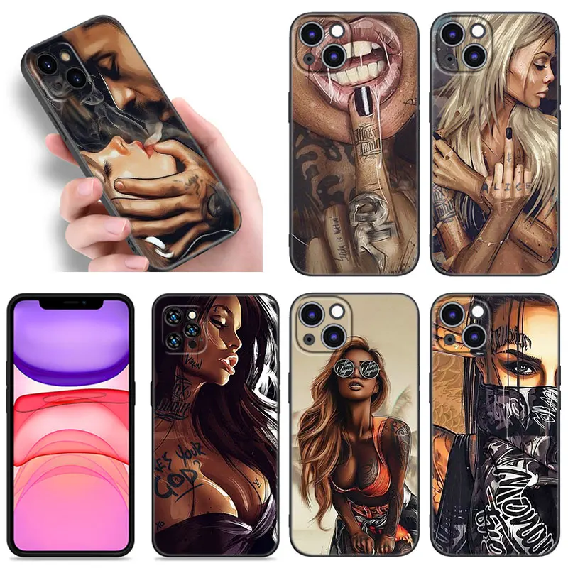 coque de téléphone en silicone noir pour apple iphone, manches sexy, tatouage de fille, 12, 13, mini, 11, 14, 15, 16 pro max, 7, 8 plus