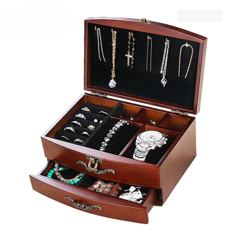 Velvet Drawer Jewelry Box Wood Necklace Earrings Jewelry Boxes Organizer Bangles Separator Tray Display Women Trinkets Storage