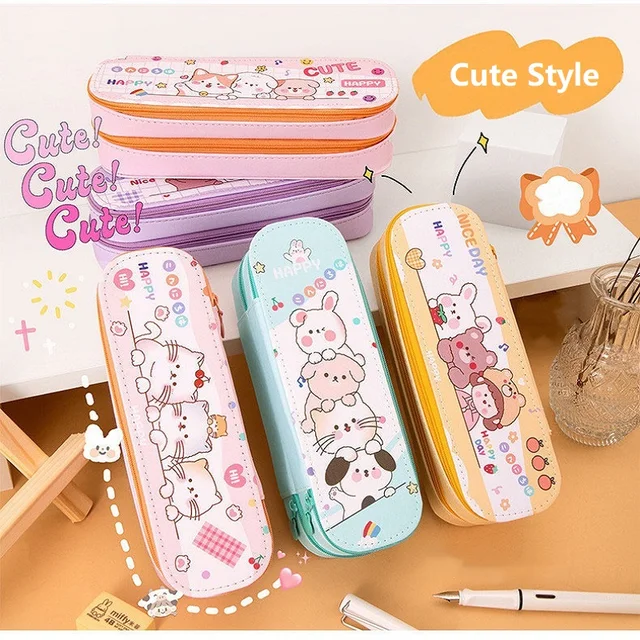 Estuche de lápices de gato Kawaii de gran capacidad, doble capa