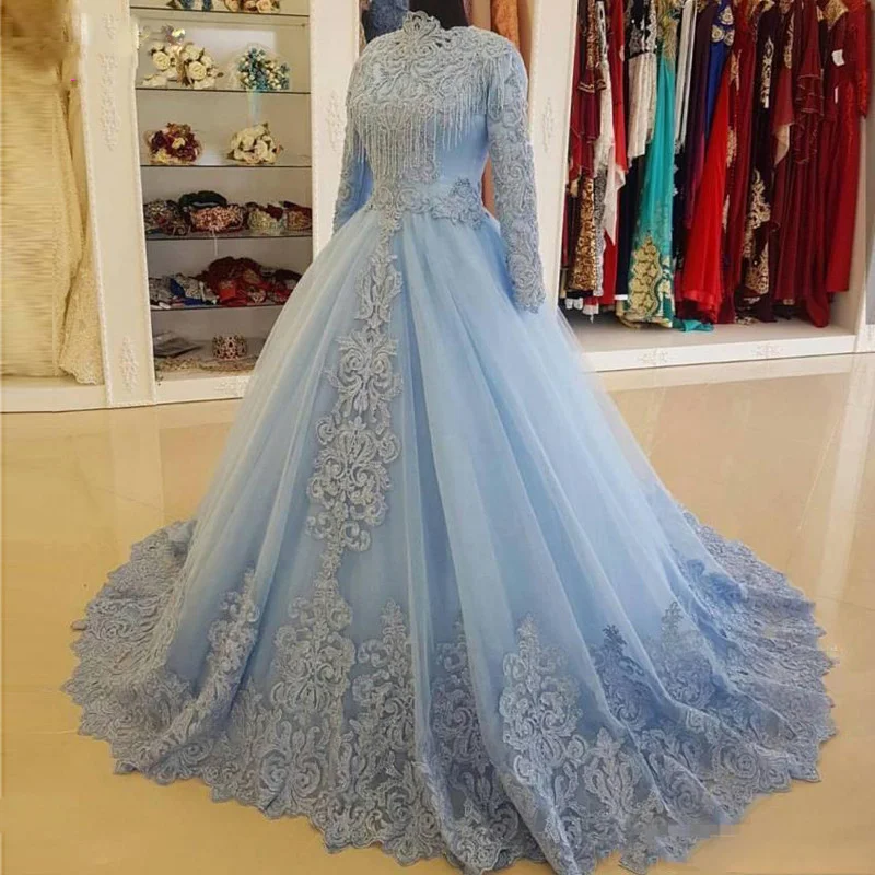 

Sky Blue Tulle High Neck Long Sleeves Evening Dresses Vintage Lace Applique Arabic Muslim A-Line Prom Dress Formal Party Gowns