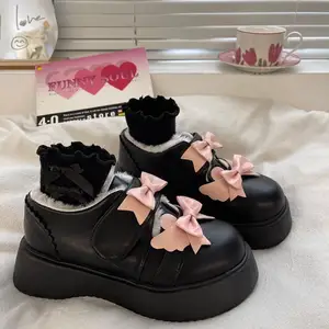 SHANPA Lolita Cute Shoes for Women Round Toe Japanese Style Bow Elegant Mary Janes Platform Fashion Padded Warm New Winter Shoes