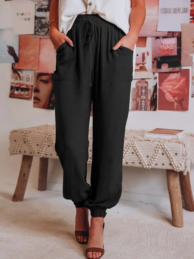

2023 Spring Summer Harem Pants Women Viscose High Waist pants Trousers Ladies Pockets Elastic Casual Loose Pants For Women