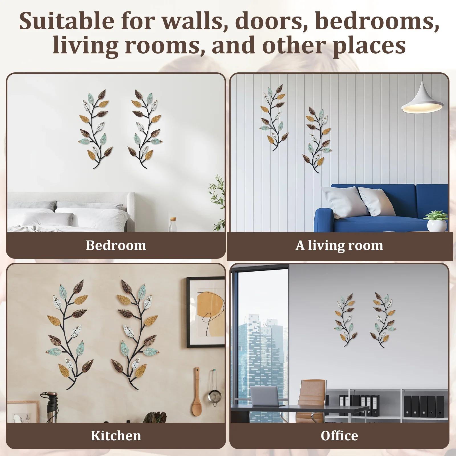 2PCS Metal Tree Leaf Wall Decor Decorative Vine Olive Branch Leaf Wall Art Elegant Wrought Iron Scroll for Living Room Bedroom