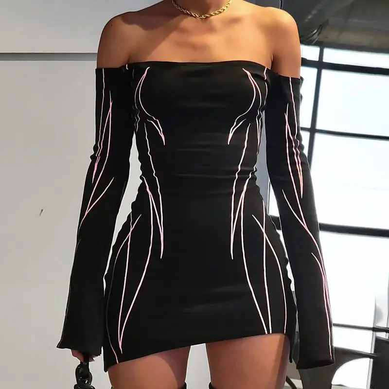 

Goth Dark Cyber Gothic Techwear Print Y2k Party Dress Punk Off Shoulder Sexy Biker Mini Dress For Women Full Sleeve Streetwear