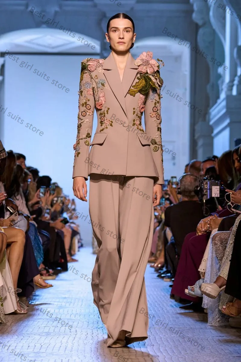 Women Suit Set Crystals Flower Women Suit Set 2 Pieces Blazer+Loose Pants Wedding Tuxedos Formal Luxury Office Lady Jacket Coat Tailored